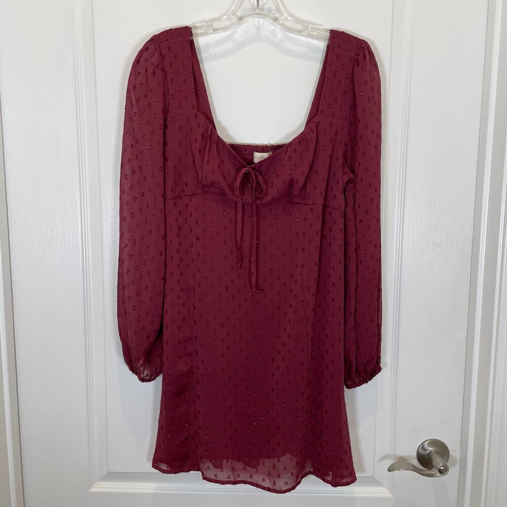 Altar'd State Babydoll Dress Milkmaid Burgundy Swiss Dot Metallic Mini‎ M